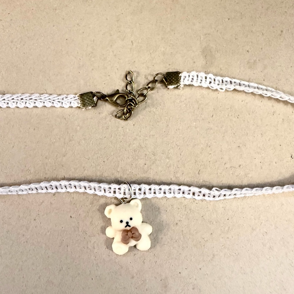 White Lace Choker Necklace with Bear Charm